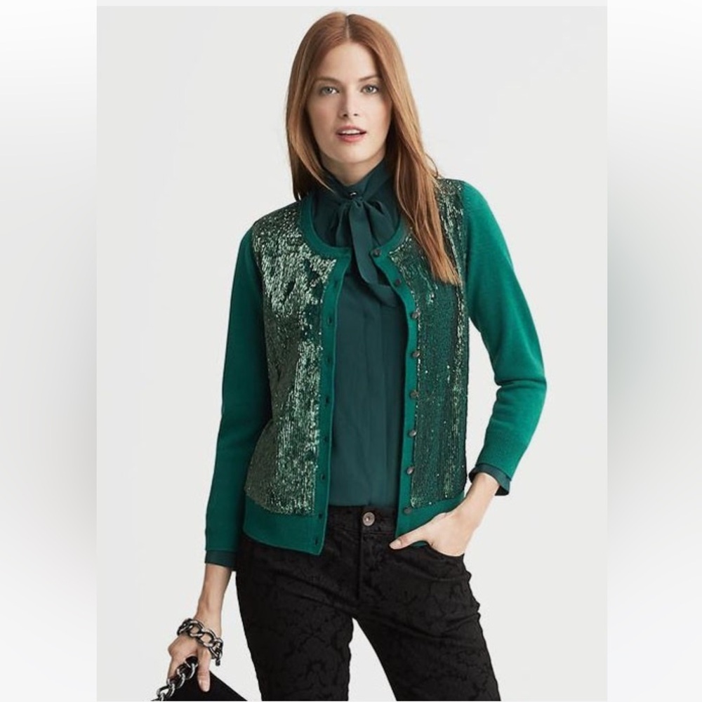 Banana Republic L’Wren Scott Emerald Sequin Front Cardigan Medium